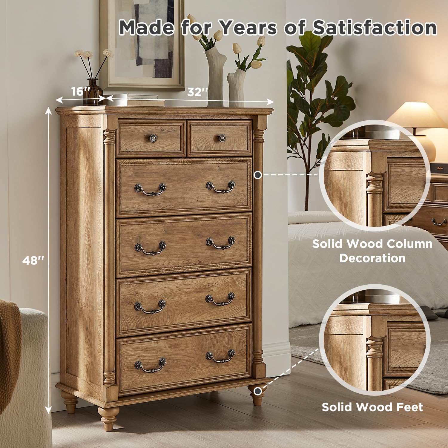 T4TREAM Farmhouse 6 Drawers Dresser Chests for Bedroom w/4 Solid Wood Feet &Column Decor, Tall Wood Rustic Chest of Drawers, Storage Dressers Organizer for Bedroom, Living Room, Light Tree Knot