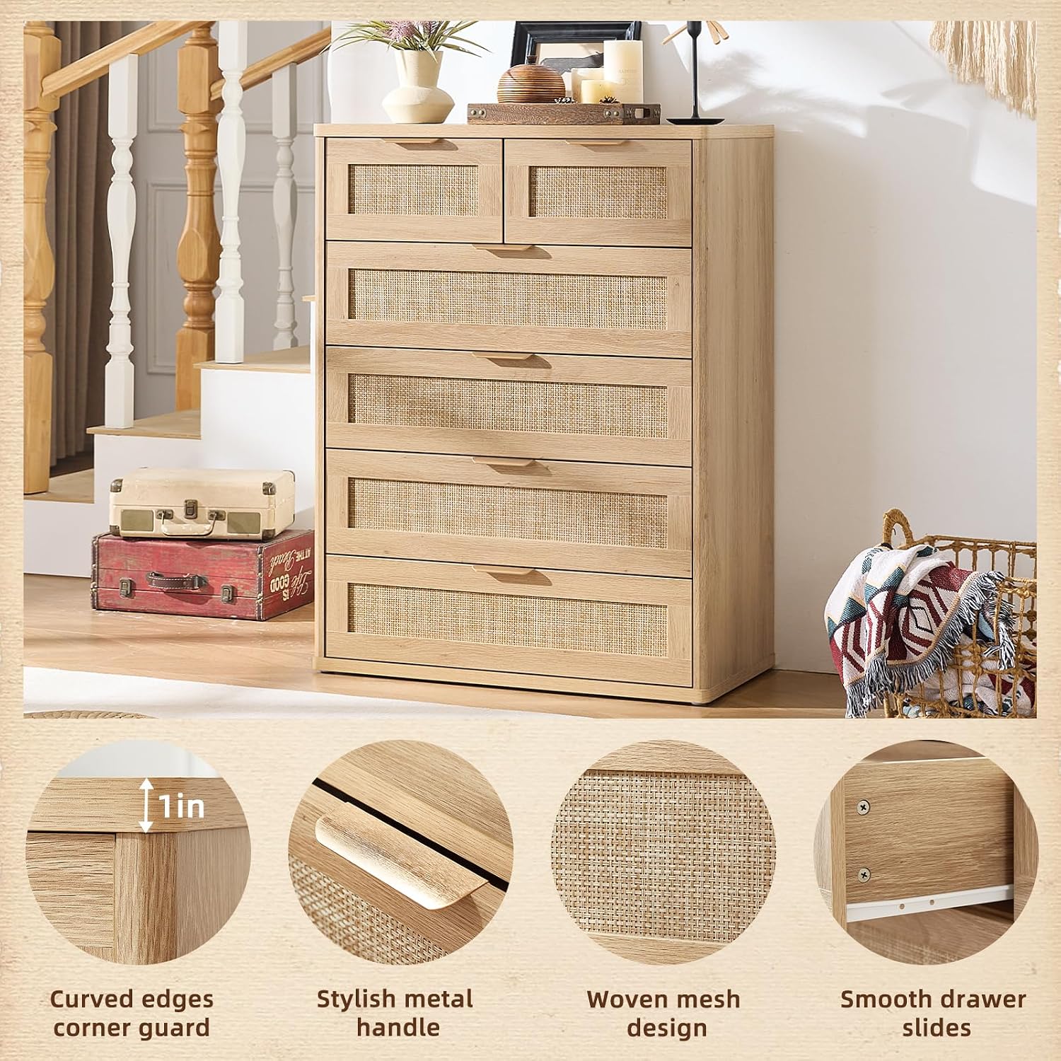 LEYAOYAO Rattan Dresser for Bedroom, 41' Tall Chest of Drawers, Modern 6 Drawers Boho Dressers with Storage, Light Oak Dresser Wooden Closet Organizer for Living Room, Hallway, Natural Wood
