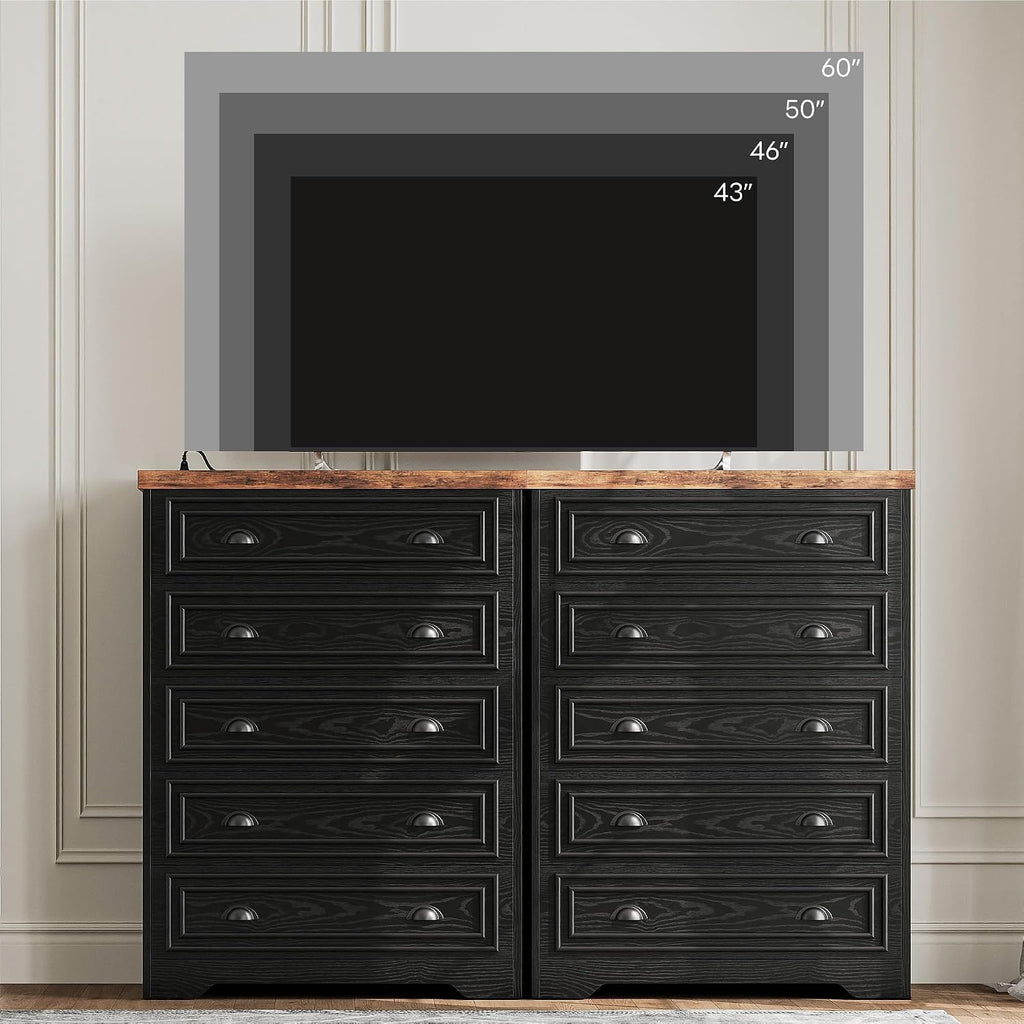 LIKIMIO 43' Tall 5 Drawers Dresser for Bedroom, Power Strip, Farmhouse Large Wood Dressers & Chest of Drawers with Wide Storage Cabinet, Black