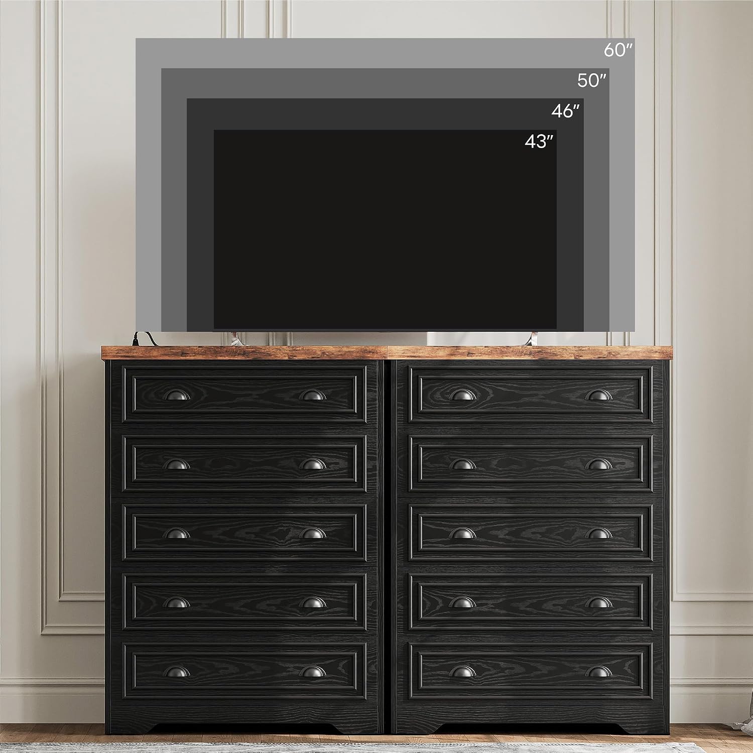LIKIMIO 43' Tall 5 Drawers Dresser for Bedroom, Power Strip, Farmhouse Large Wood Dressers & Chest of Drawers with Wide Storage Cabinet, Black