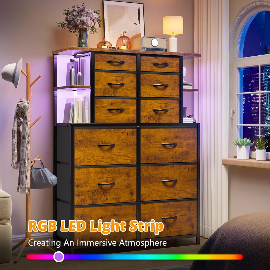 Dresser for Bedroom with 12 Drawers & LED Lights,4 Open Storage Shelves, Fabric Dressers & Chests of Drawers for Living Room, Entryway, Dorm, Wood Top,45.2' H x 35.4' W x 11.8' D, Rustic Brown