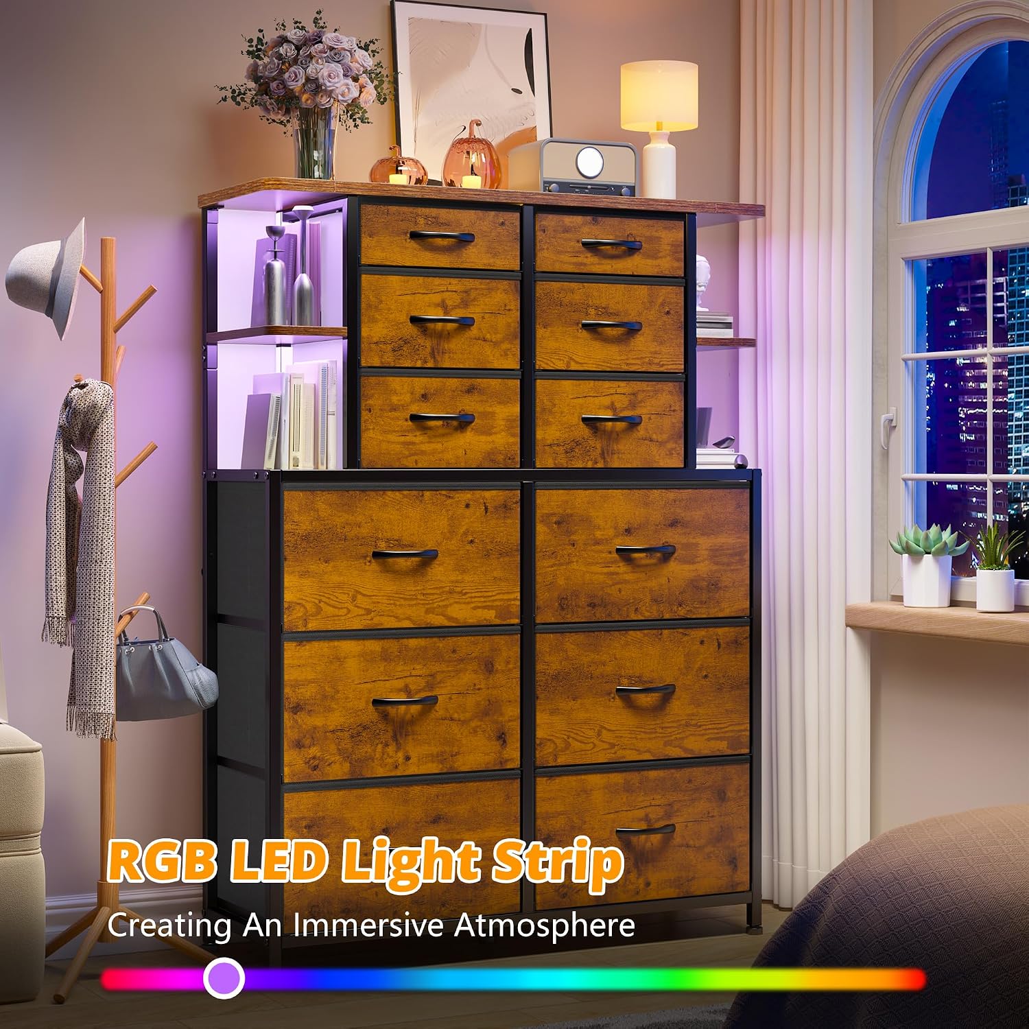Dresser for Bedroom with 12 Drawers & LED Lights,4 Open Storage Shelves, Fabric Dressers & Chests of Drawers for Living Room, Entryway, Dorm, Wood Top,45.2' H x 35.4' W x 11.8' D, Rustic Brown