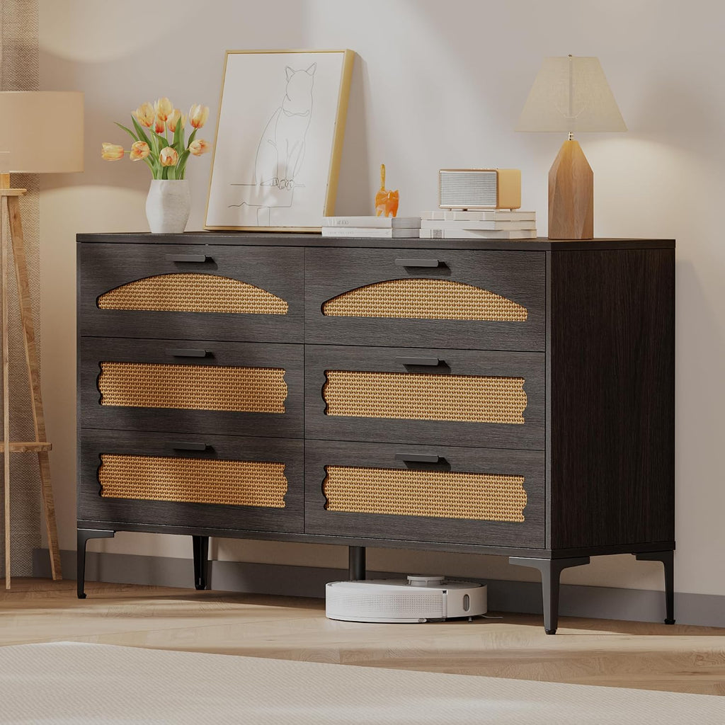 Mericonia 6 Drawer Double Dresser for Bedroom, Wood Rattan Dresser for Closet with Metal Legs, Boho TV Stand with Drawers, Dressers & Chests of Drawers for Bedroom, Hallway and Entryway, Black