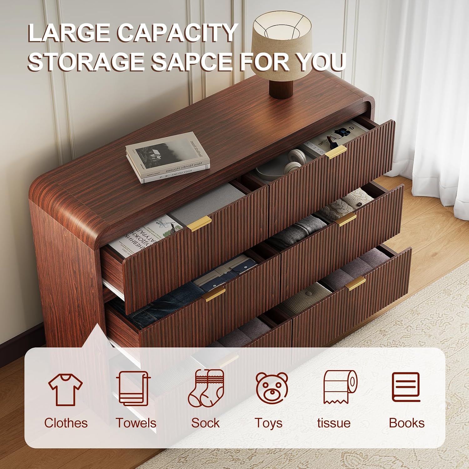 FURSUN Fluted 6 Drawers Dresser for Bedroom, 54' Wide Wooden Dresser with Metal Handle, Curved Profile Design, Modern Storage Organizer for Bedroom, Living Room, Hallway, Dark Walnut