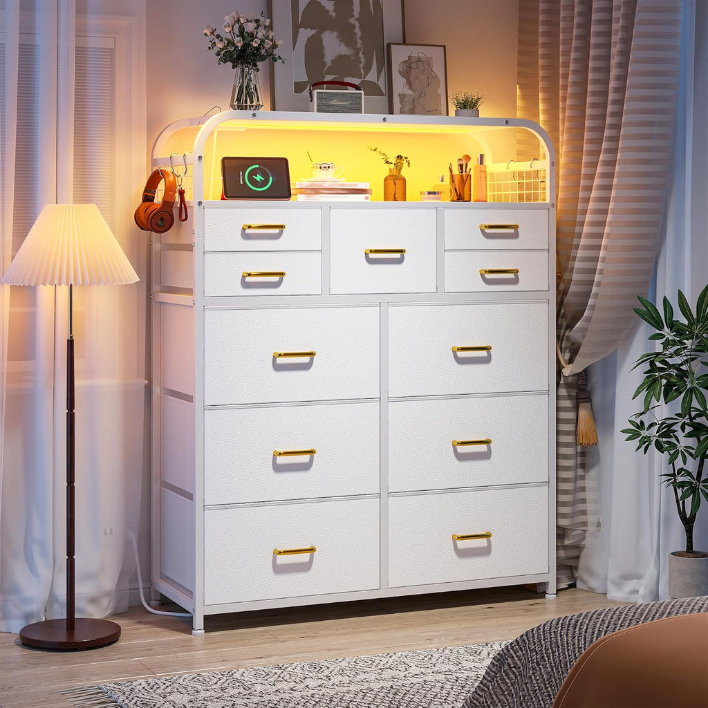EnHomee 47' H Dressers & Chests of Drawers with LED Lights & Charging Station, Dresser for Bedroom with 11 Fabric Drawers & 4 Hooks & Open Shelves, Entryway, Hallway, Dorm White