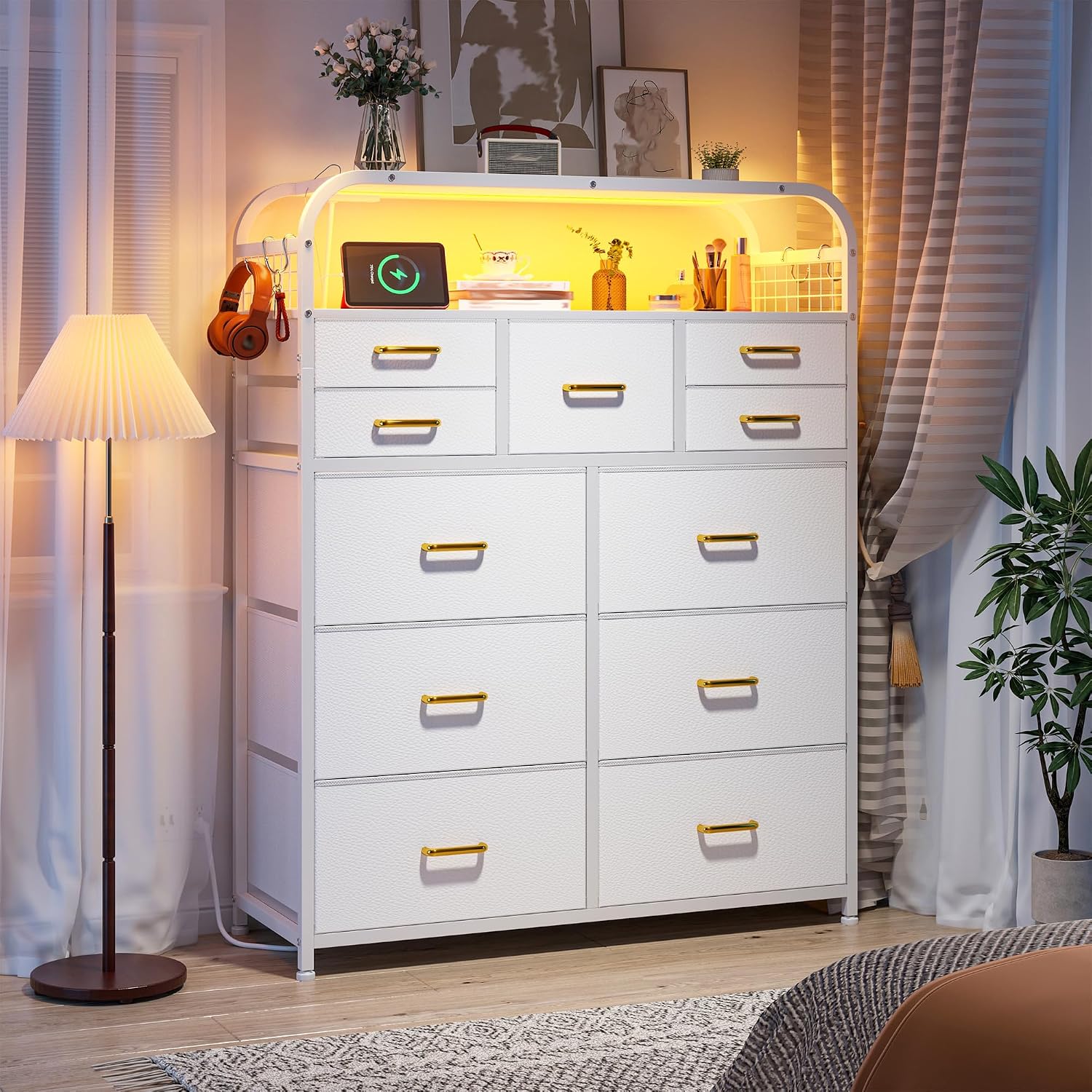 EnHomee 47' H Dressers & Chests of Drawers with LED Lights & Charging Station, Dresser for Bedroom with 11 Fabric Drawers & 4 Hooks & Open Shelves, Entryway, Hallway, Dorm White