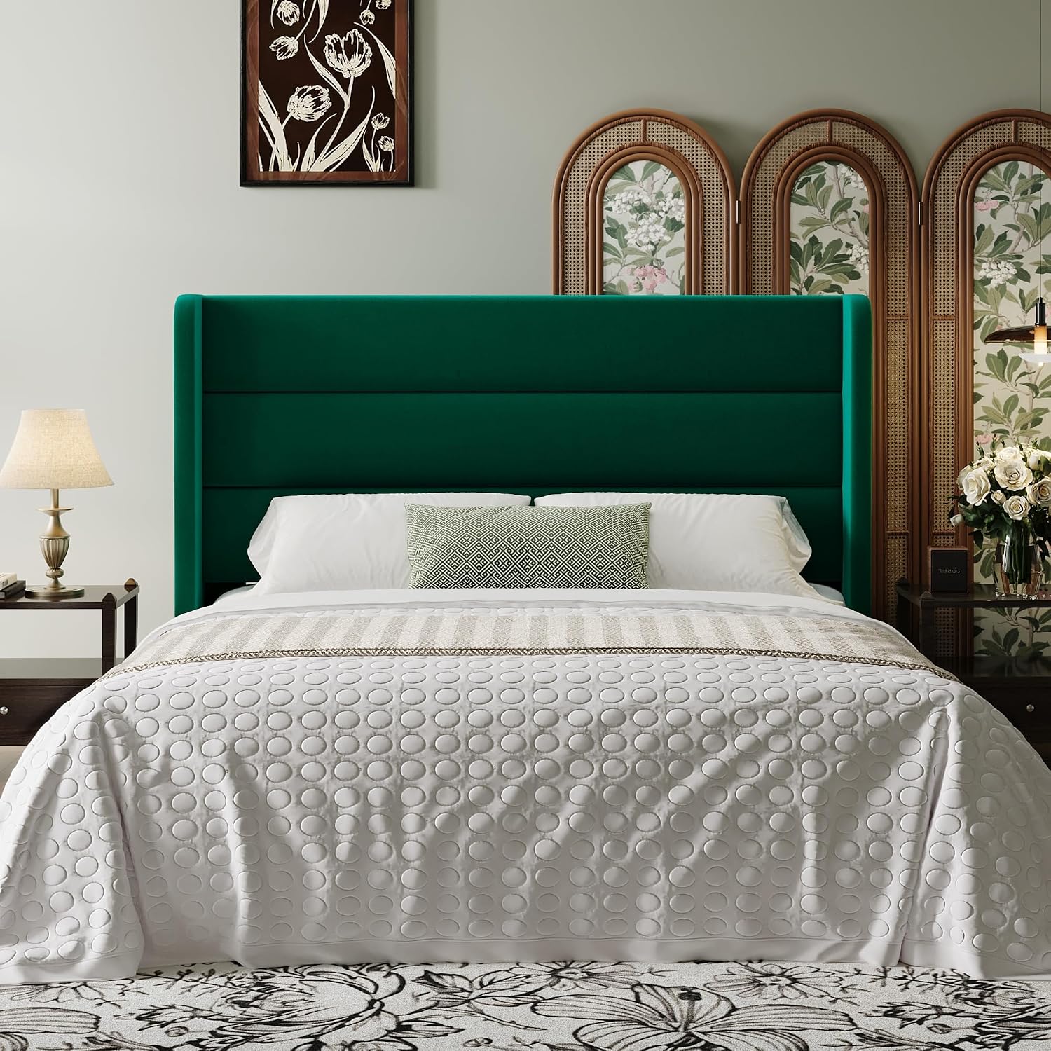 SHA CERLIN Full Size Velvet Bed Frame with Wingback Headboard/Upholstered Platform Bed with Wooden Slats/Mattress Foundation/No Box Spring Needed/Easy Assembly/Green