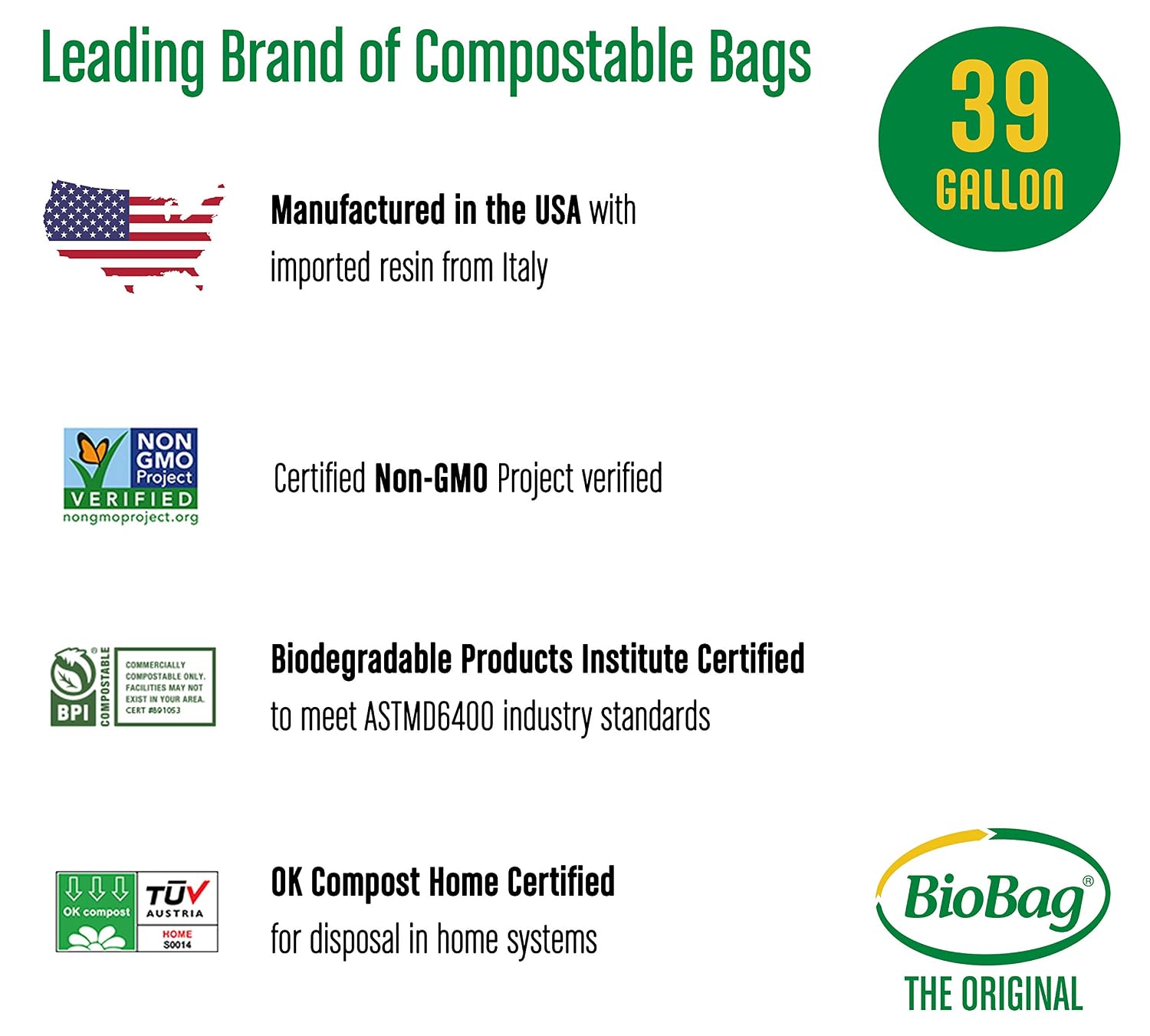 BioBag (USA) The Original Compostable Bag, 64 Gallon, 60 Count, 100% Certified & (USA) The Original Compostable Bag, 39 Gallon, 120 Count, 100% Certified Compostable Trash