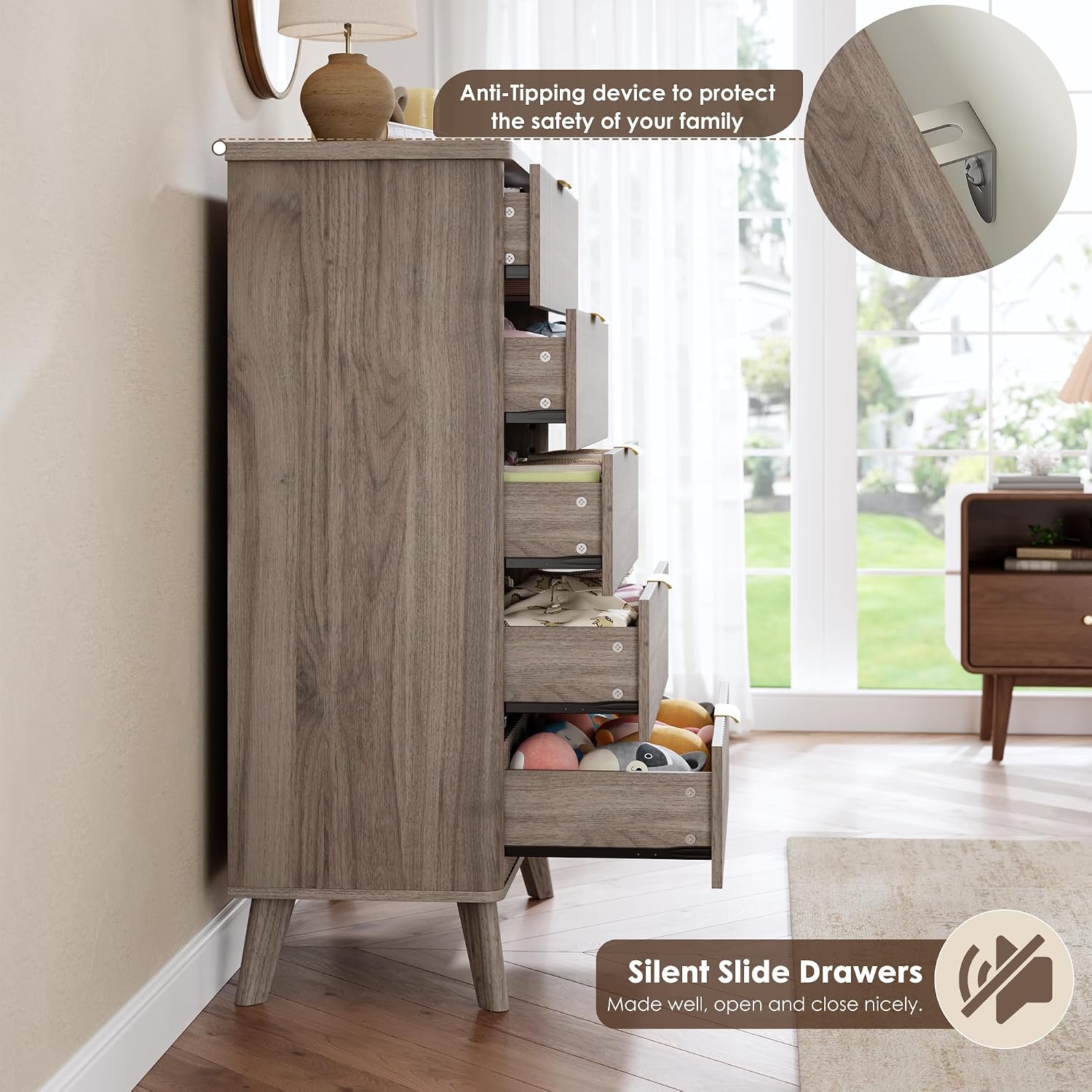 GarveeHome Fluted Dresser for Bedroom with 5 Deep Drawers, 47.2 in Tall Chest of Drawers, Curved Profile Design, Modern Wooden Dresser, for Living Room, Kids Room, Hallway, Grey