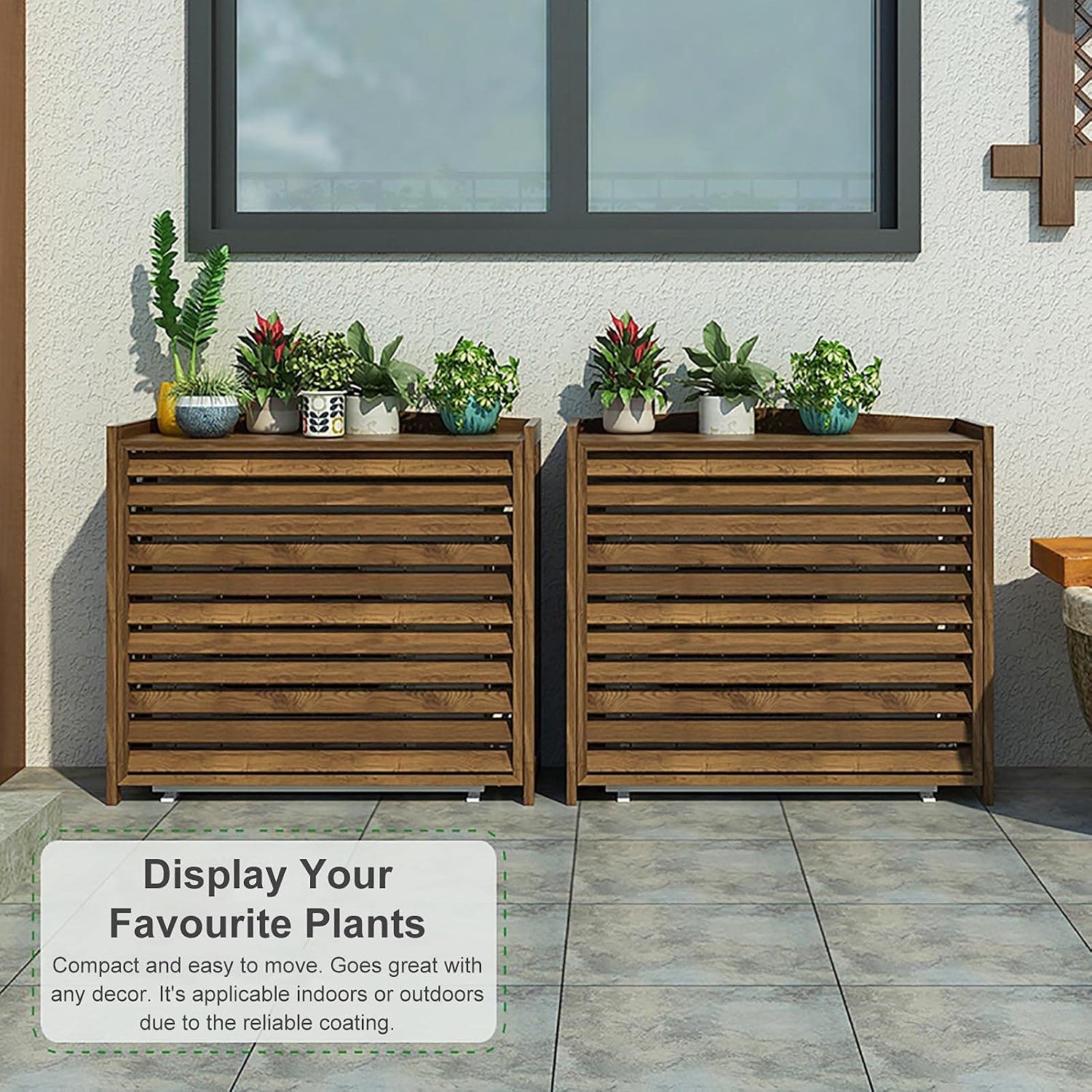 Plant Stand Solid Wood Plant Stand For Hide Ouside Ac Units, Garden Potting Bench Outdoor Plant Work Bench Station, W/Blinds & Lattice Decoration