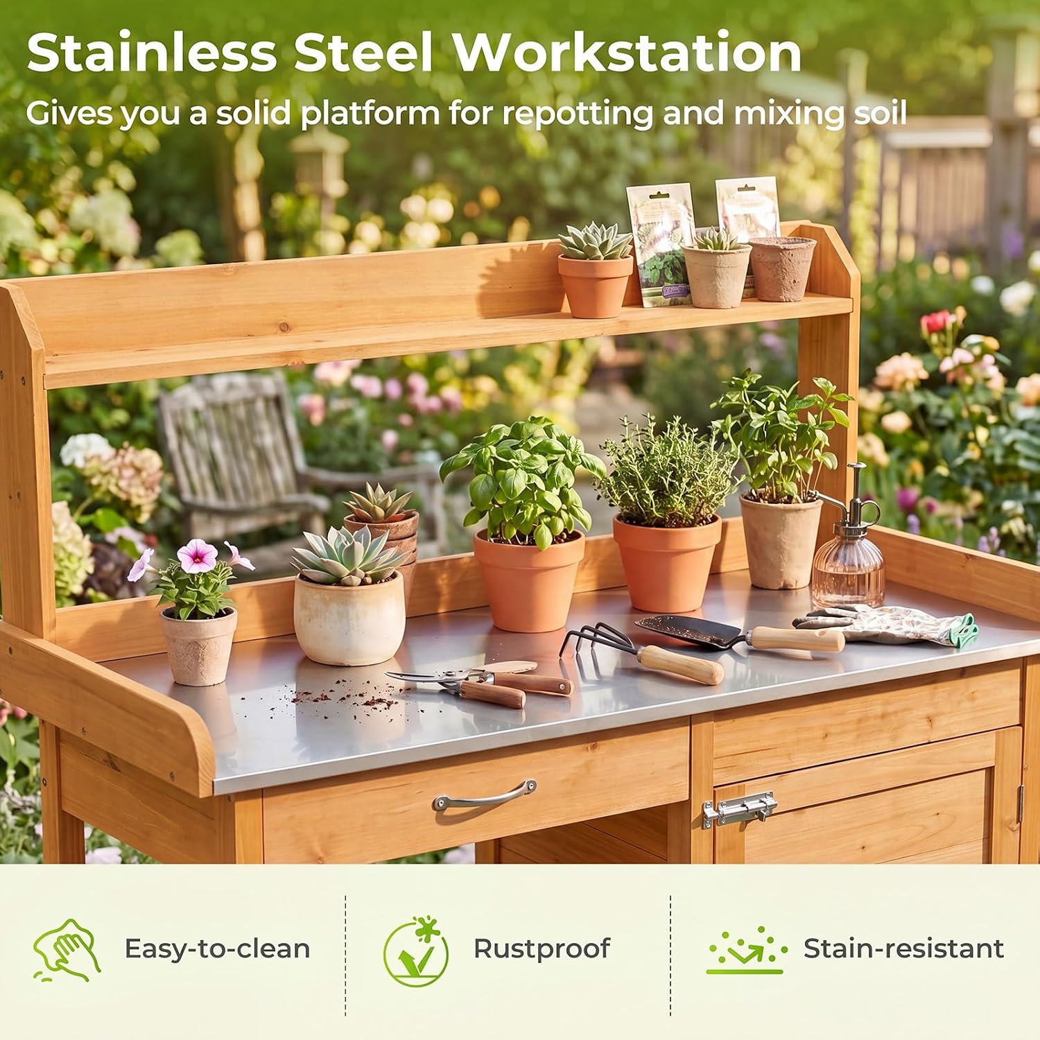 S AFSTAR Outdoor Potting Bench Table, Wooden Garden Work Station with Drawer, Storage Cabinet, Open Shelf, Side Hooks, Metal Tabletop Gardening Workbench, Potting Benches for Outside Backyard Balcony