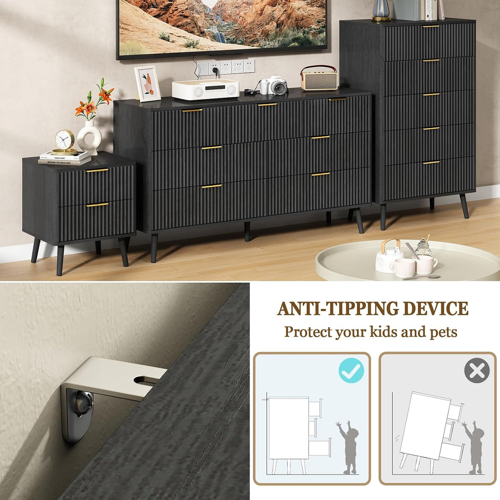 CARPETNAL Fluted 7 Drawer Dresser for Bedroom, 55' Wide Wooden Chest of Drawers with Rounded Corners, Gold Handles, Modern Storage Organizer for Bedroom, Hallway(Black)