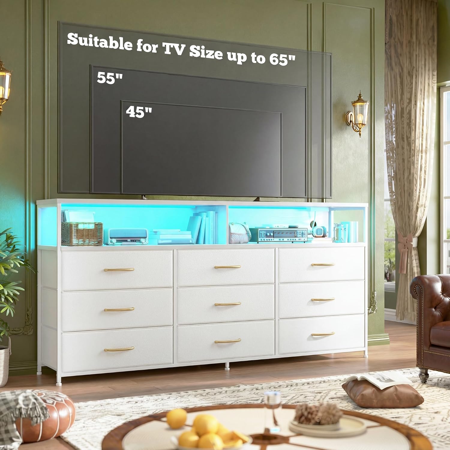Romorgniz 55' W White Dresser for Bedroom with 9 Drawers LED TV Stand with Power Outlets for 45, 55, 65 Inch TV Sturdy Long Chest of Drawers with Extra 2 Wooden Shelves Steel Frame