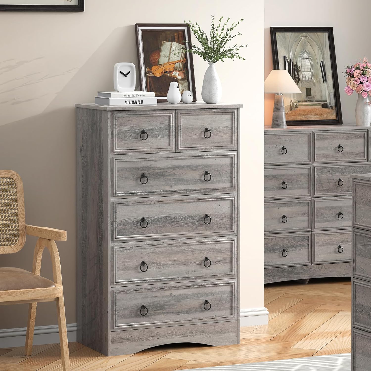 VVFLU 48'' Tall Grey Dresser with 6 Drawers Chest of Drawers for Bedroom, Large Storage Organizer for Clothes, for Living Room, Bedroom, Hallway, Taupe Grey