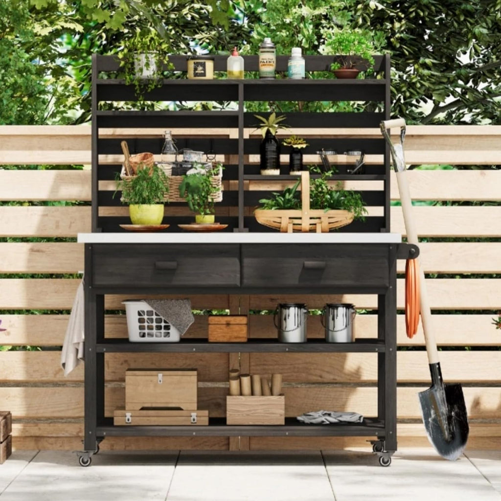 Outdoor Potting Bench Table with Stainless Steel Top and Lockable Wheels, Patio Workstation with Drawers, Upper Hutch and Towel Rack for Lawn, Garden (Black, 64.9' H)