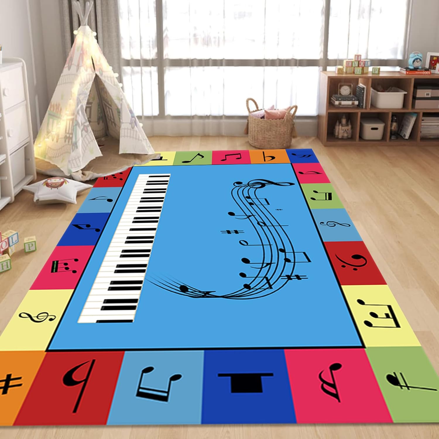 Kid Music Area Rug,6x8ft,Color Musical Notation Children's Games Rug,Classroom Piano Key Decoration Carpet,Machine Washable Breathable Durable Carpet for Living Room Kitchen Entrance