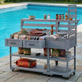 Outdoor Kitchen Island with Stainless Steel Top, 62 in | Fir wood, stainless steel top, raised shelf, modular 2-cart design, lockable wheels, BBQ prep, 62.3 W x 28.6 D x 65 H in