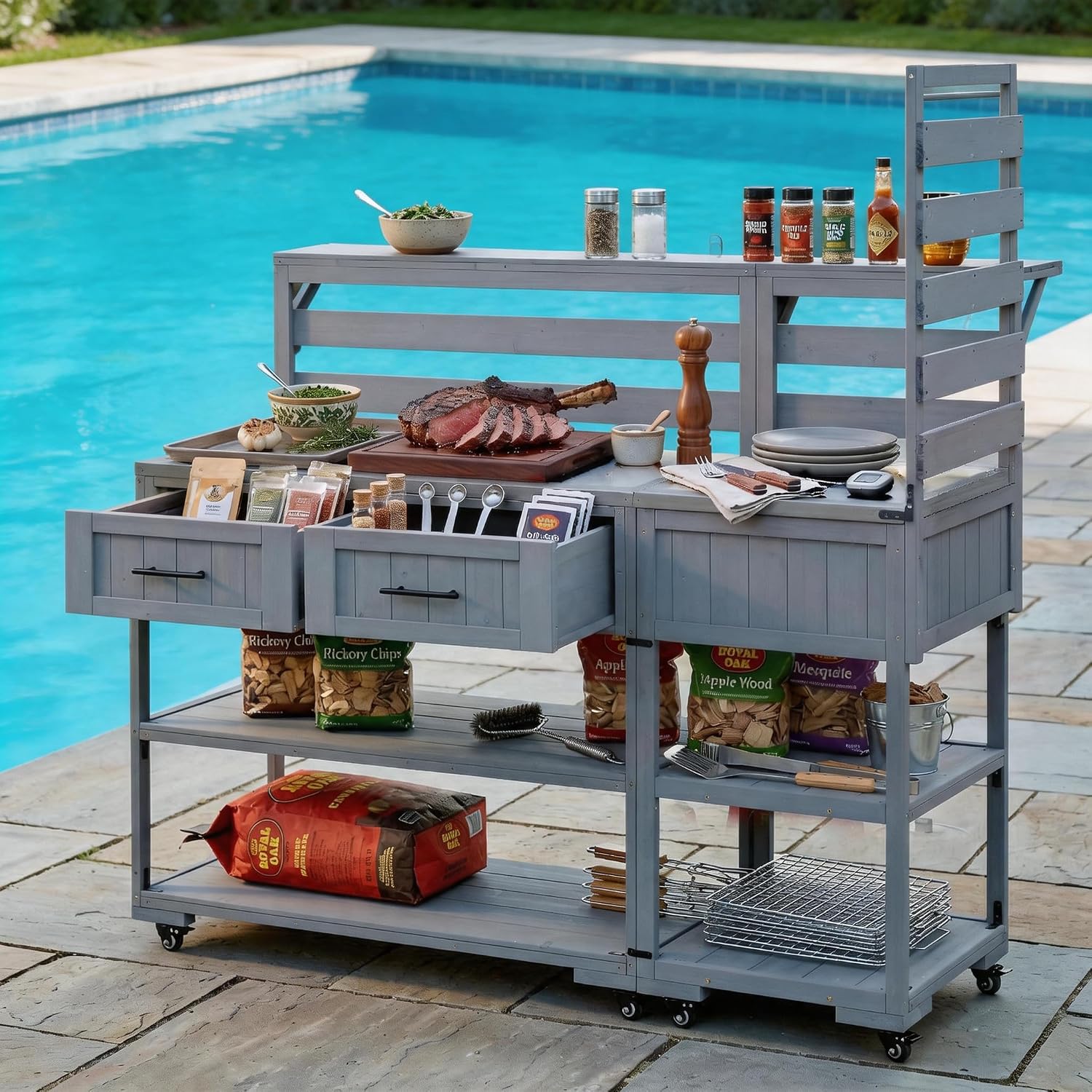 Outdoor Kitchen Island with Stainless Steel Top, 62 in | Fir wood, stainless steel top, raised shelf, modular 2-cart design, lockable wheels, BBQ prep, 62.3 W x 28.6 D x 65 H in