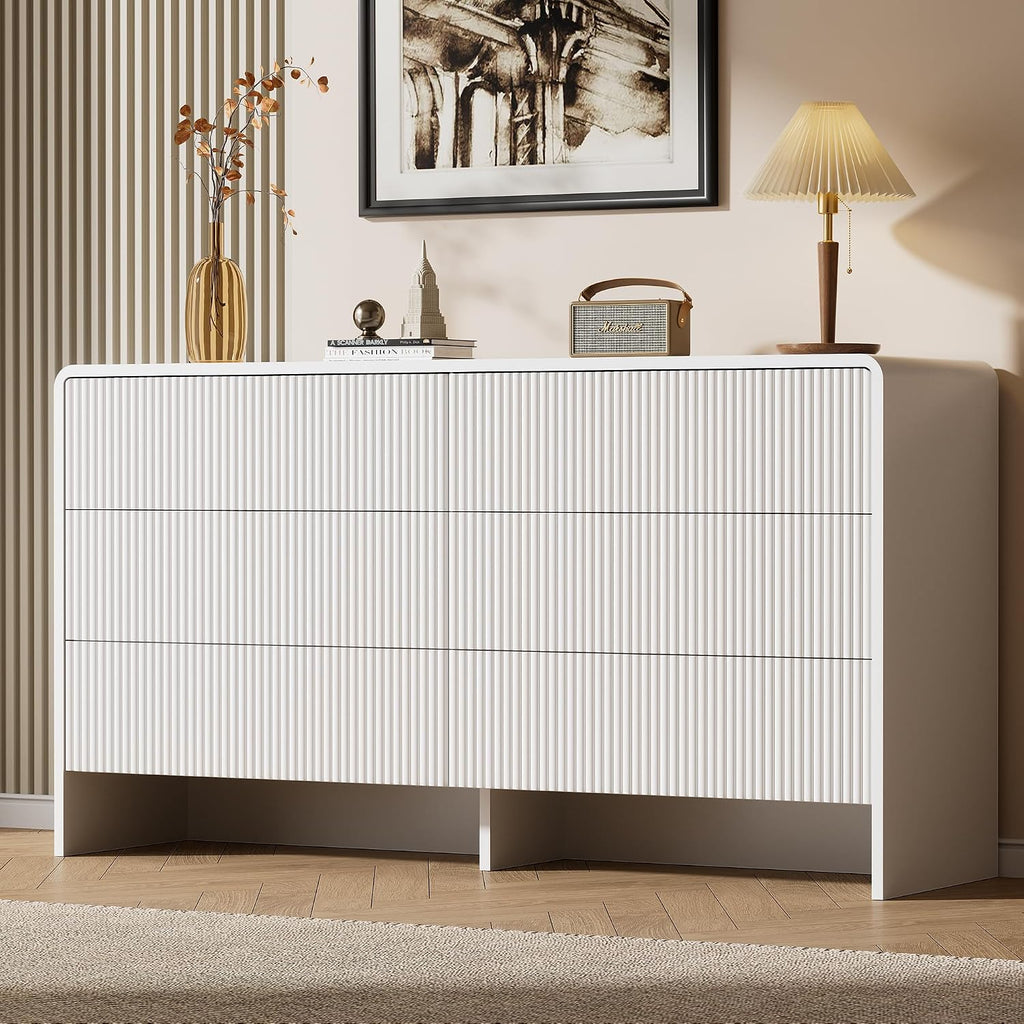 Furniway 55' Wide Modern Dresser for Bedroom, 6 Drawer Chest of Drawers with Curved Design, Push-to-Open Storage Dresser, White
