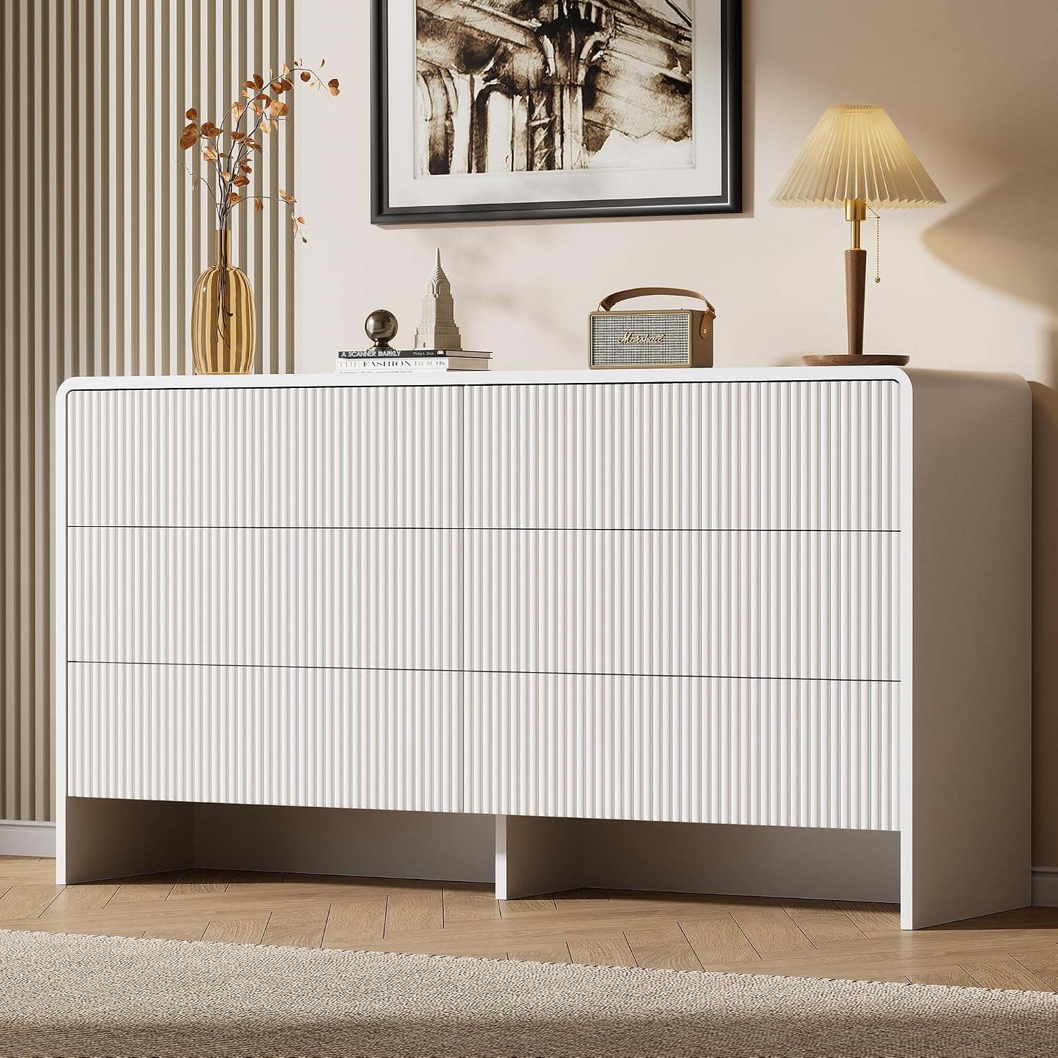 Furniway 55' Wide Modern Dresser for Bedroom, 6 Drawer Chest of Drawers with Curved Design, Push-to-Open Storage Dresser, White