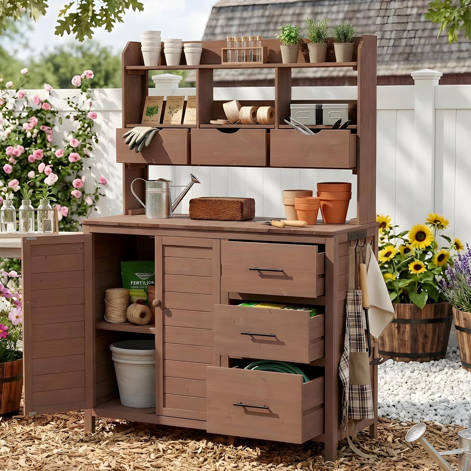 Farmhouse Patio Potting Bench with Storage Cabinet, 65' H Garden Workstation with 6 Drawers and Side Hooks, Outdoor Kitchen Island with Adjustable Shelf for Patio, Backyard, Brown