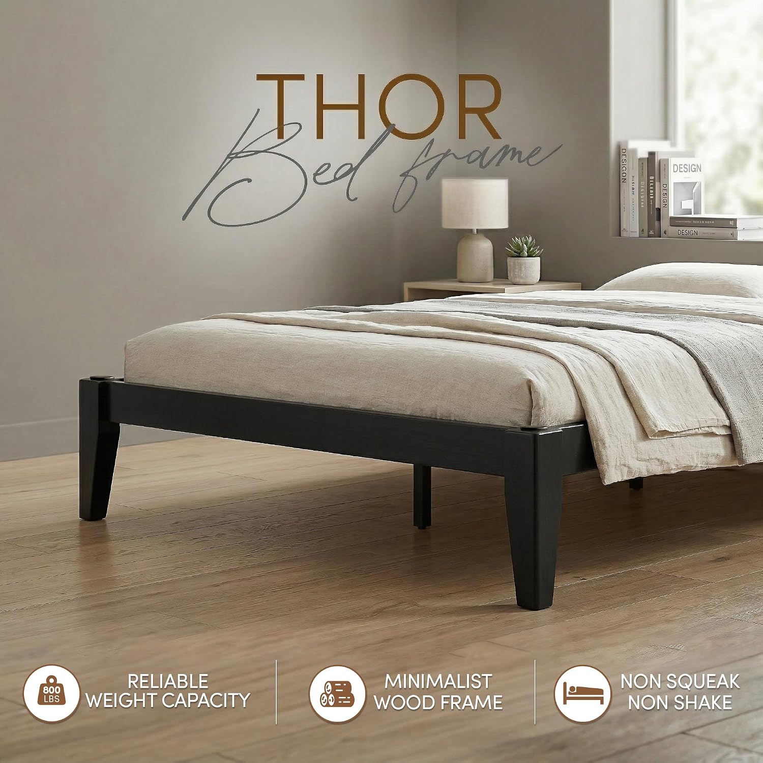 Thor Premium Solid Wood Bed Frame Full, Japanese Joinery Bed Frame with Wood Slat Support, Platform Bed, No Box Spring Needed, Easy Assembly, Minimalist & Modern Style (Midnight Charcoal)