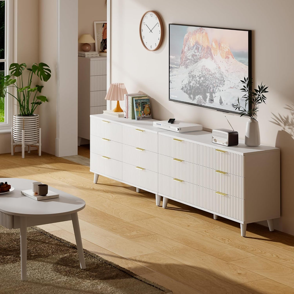 Lulive White Dresser for Bedroom Wood Dressers Chest of Drawers, Fluted 53.2' Wide Modern Long Dresser TV Stand 6 Drawers for Bedroom, Closet, Living Room, Hallway (White)