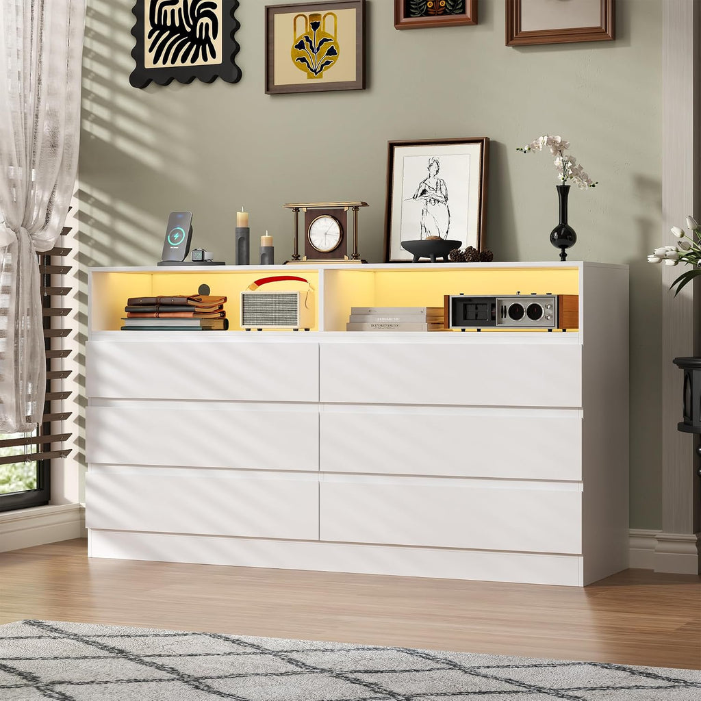 Gyfimoie 6 Drawer Dresser with Power Outlet, Modern White Dresser Chest of Drawers with LED Ligh, Wooden Dressers TV Stand, Double Wide Dressers Organizer for Bedroom, Living Room, Entryway