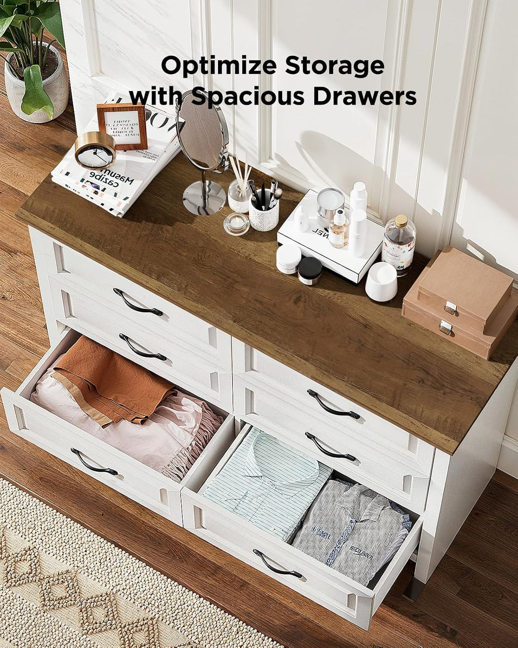 Pipishell White 6 Drawer Dresser for Bedroom, 47' Wide Wood Chest of Drawers with Bar Handles, Modern Storage Dresser Organizer for Bedroom, Living Room, Hallway, Brown & White
