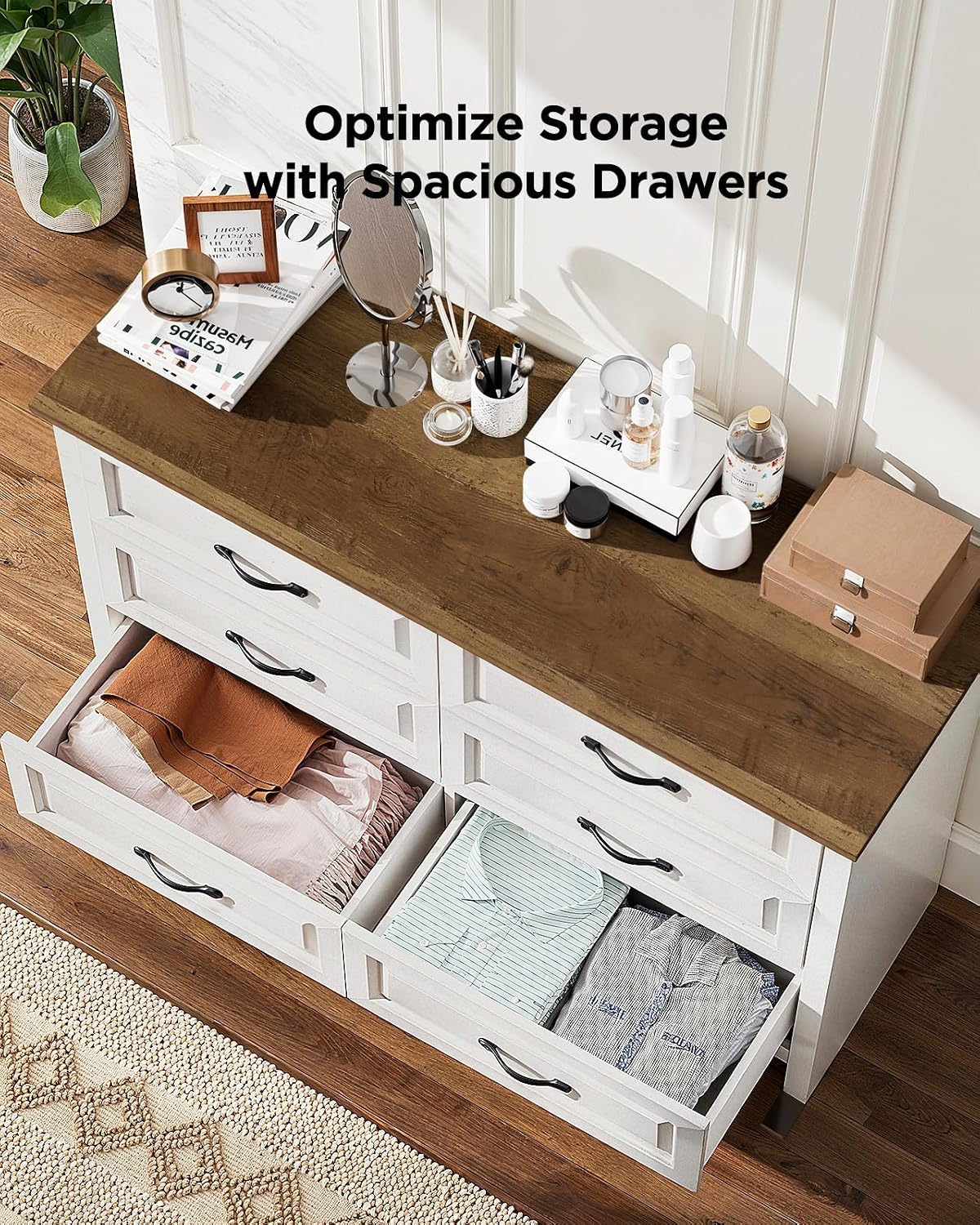 Pipishell White 6 Drawer Dresser for Bedroom, 47' Wide Wood Chest of Drawers with Bar Handles, Modern Storage Dresser Organizer for Bedroom, Living Room, Hallway, Brown & White