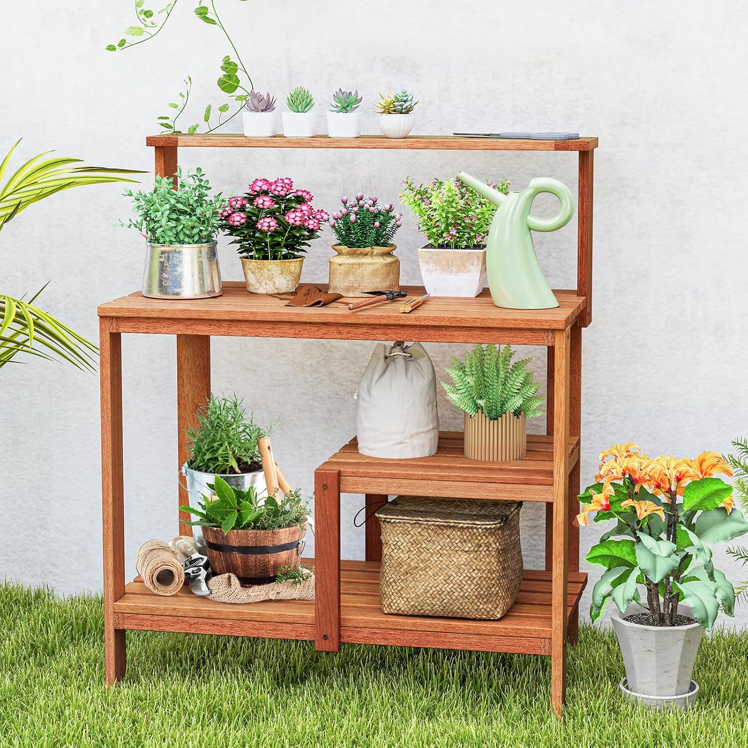 TANGZON Garden Potting Table, Solid Wood Potting Table with Trellis, Open Shelves, Teak Oil Finish, Gardening Workstation & Planting Work Table for Outdoor Patio Backyard Balcony