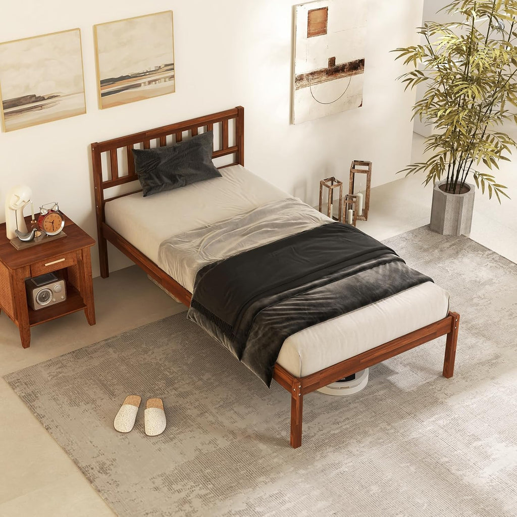 KOMFOTT Twin Size Wood Platform Bed Frame with Headboard, 16-Inch Mid-Century Wooden Bed Frame with Slats Support & 12' Under Bed Storage Space, Retro Mattress Foundation, No Box Spring Needed