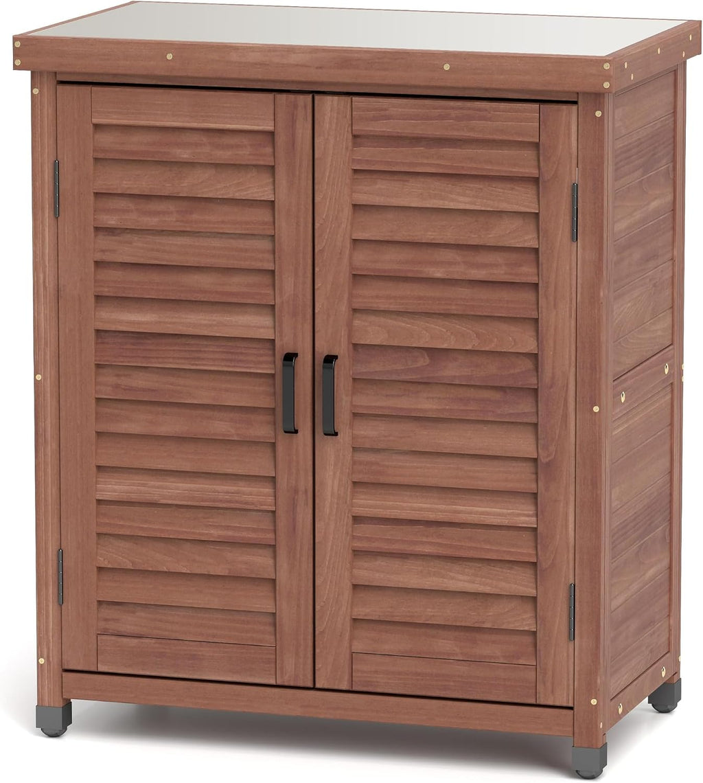 Potting Bench with Storage Cabinet and Metal Table Top for Outdoor Patio, GFurniture Wood Workstation Coffee 31.5x17x36''