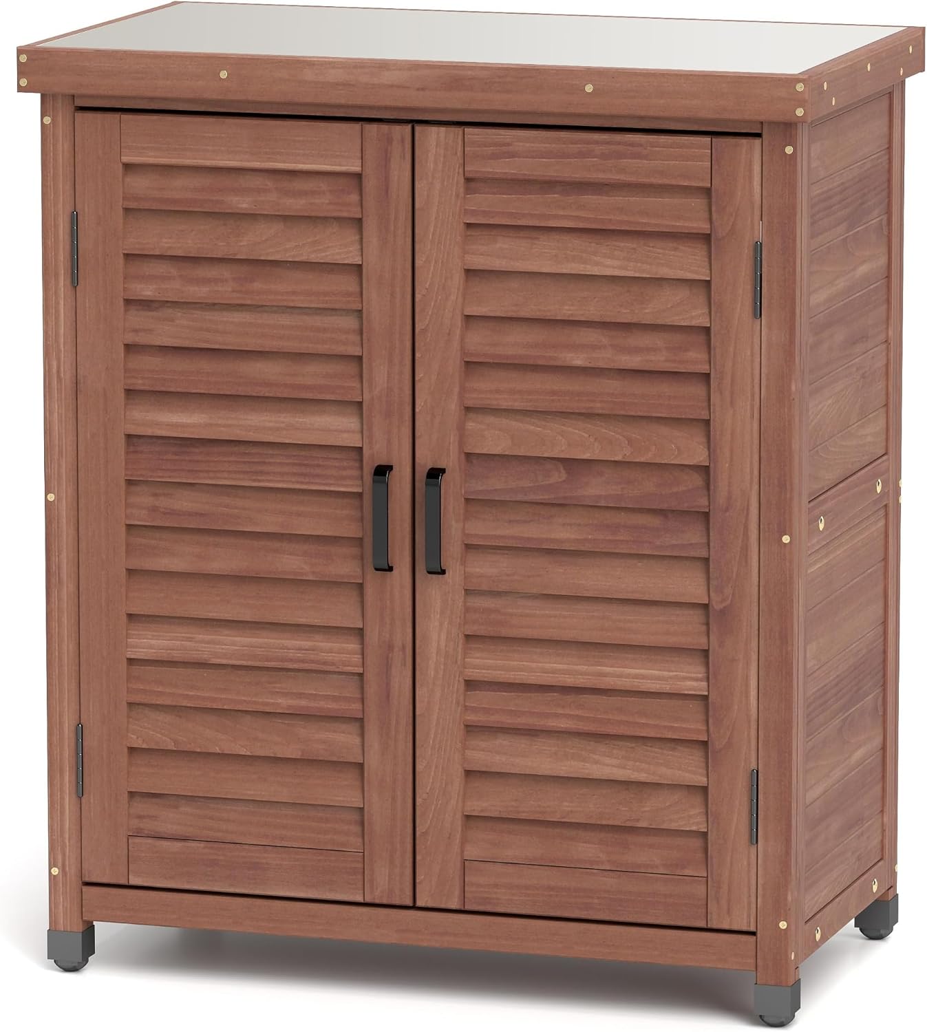 Potting Bench with Storage Cabinet and Metal Table Top for Outdoor Patio, GFurniture Wood Workstation Coffee 31.5x17x36''