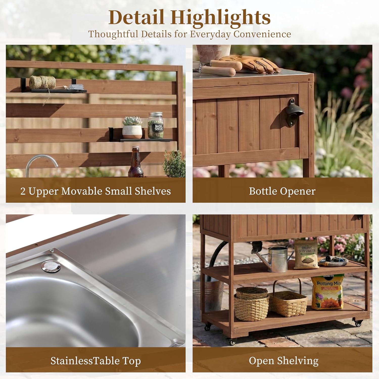 41.7'' Large Patio Rolling Kitchen Island,Solid Wood Kitchen Cart with Sink,Garden Potting Bench with Stainless Table Top,2 Movable Shelves and 1 Bottle Opener (Brown-RK)