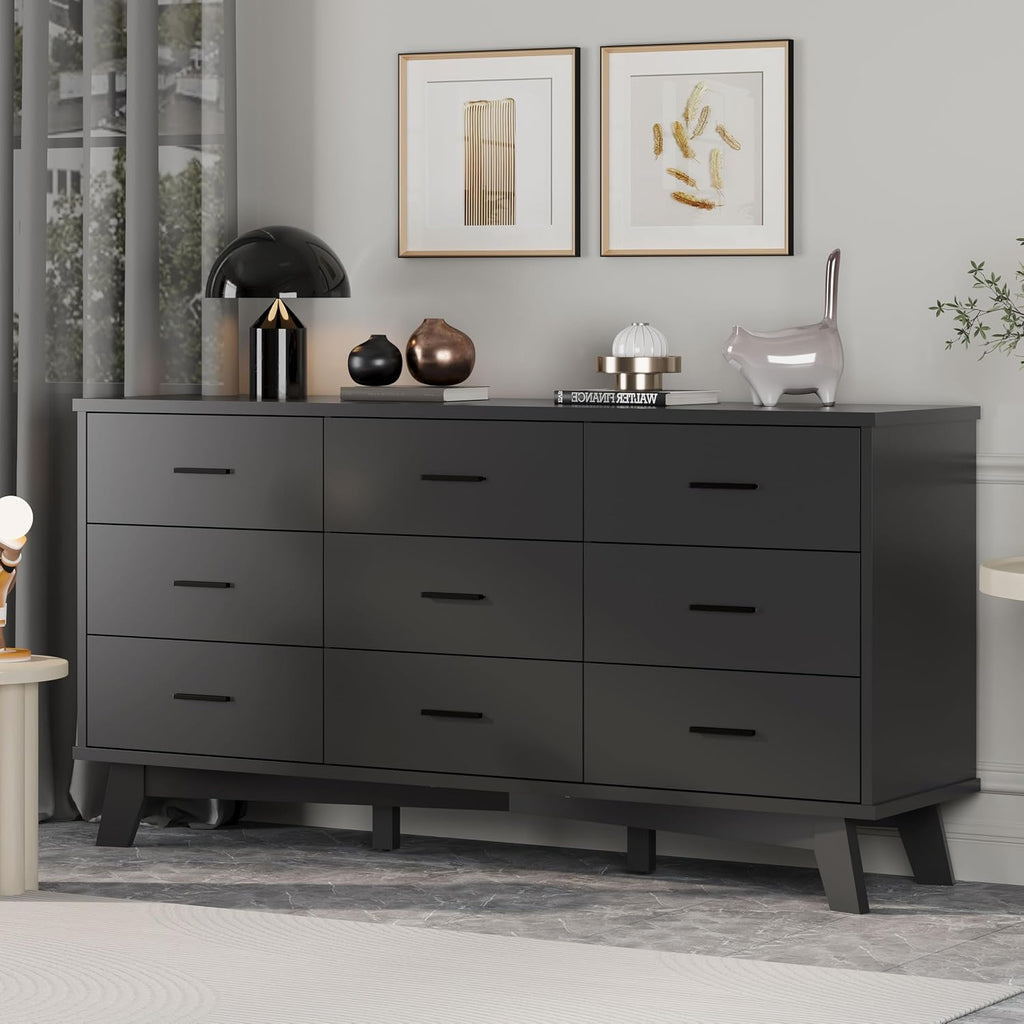Xixini Dresser for Bedroom, Wide Wood 9 Drawer Modern Chest of Drawers with X-Shaped Sturdy Base, Double Dresser Closet Clothes Storage Organizer, Wooden TV Stand for Living Room, Hallway, Black