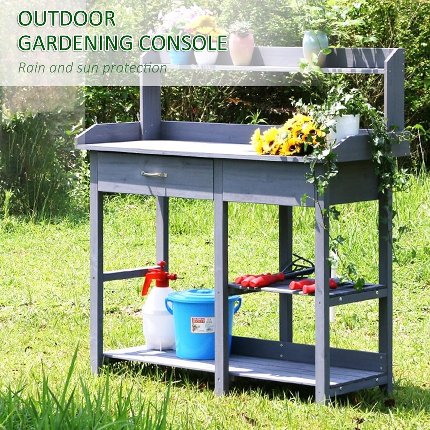 Planting Work Bench with Removable Sink with Storage Shelves and Drawer Gardening Bench Potting Table YCDJCS (Color : Blue, Size : 117x45x121cm)