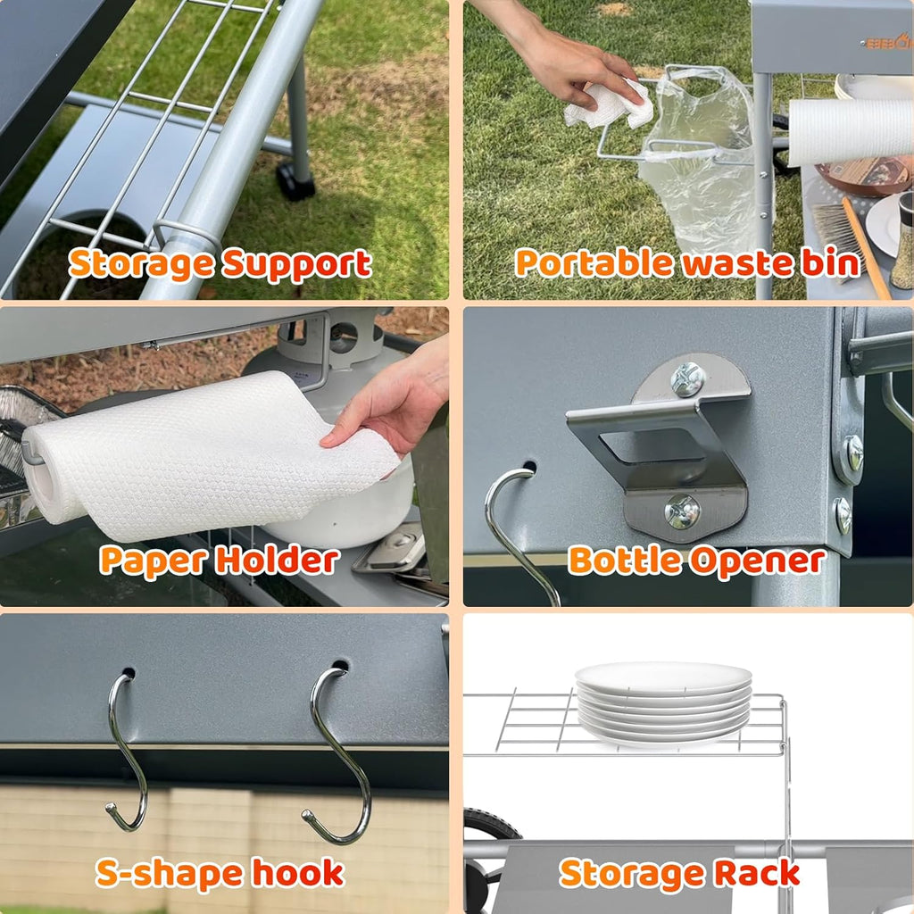 Upgraded Pizza Oven Cart Table for Ooni Koda/Karu/Fyra 16 & 12, Movable Thicken & Widen Rolling Kitchen Cart, Outdoor Grill Stand for Ninja Woodfire,Blackstone Griddle,Barbecue Tool Set