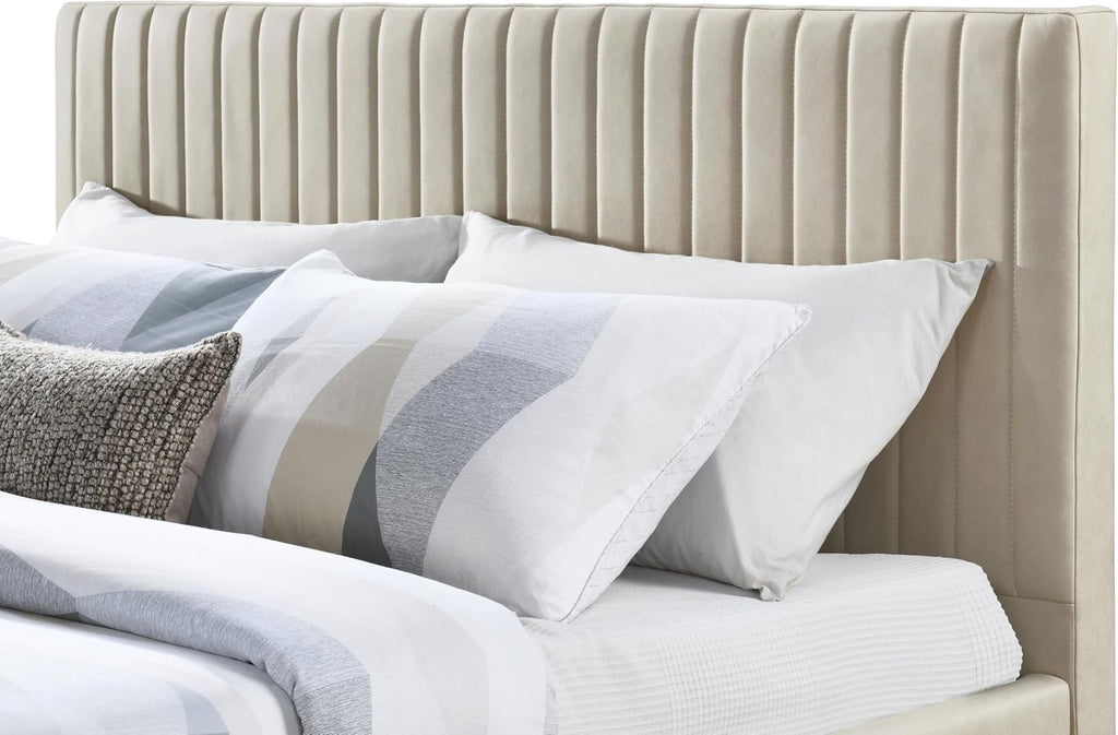 Meridian Furniture GalloBeige-Q Gallo Collection Modern | Contemporary Queen Bed with Soft Beige Vegan Leather, Deep Channel Tufting and Black Metal Legs, 65.5' W x 89' D x 43.5' H, Beige, Queen
