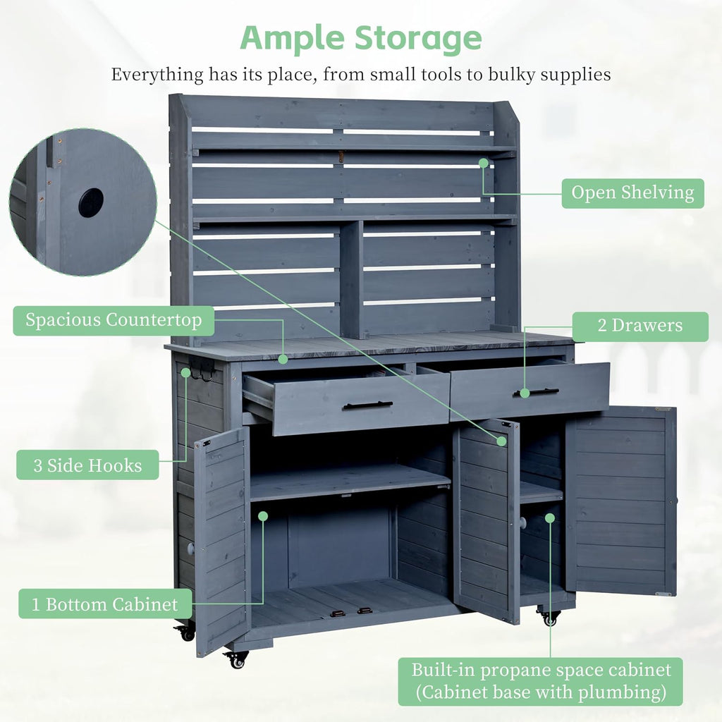 LUMISOL Garden Storage Potting Bench with Lockable Wheels, 65'' H Patio Workstation with Hutch Top, Outdoor Kitchen Island with Drawers, Removal Shelves, and Storage Cabinets, for Grilling, Gray