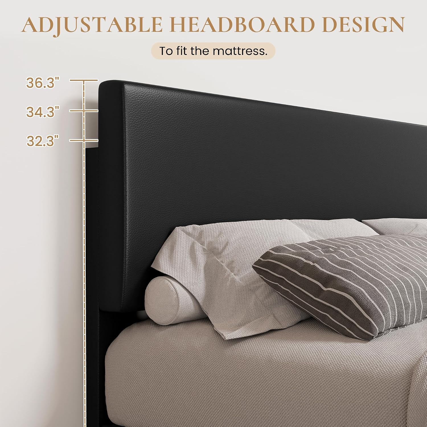 SHA CERLIN Black Queen Platform Upholstered Bed Frame with 3 Level Height-Adjustable headboard, Wood Slats Support, No Box Spring Needed, Easy Assembly, Easy Clean Up
