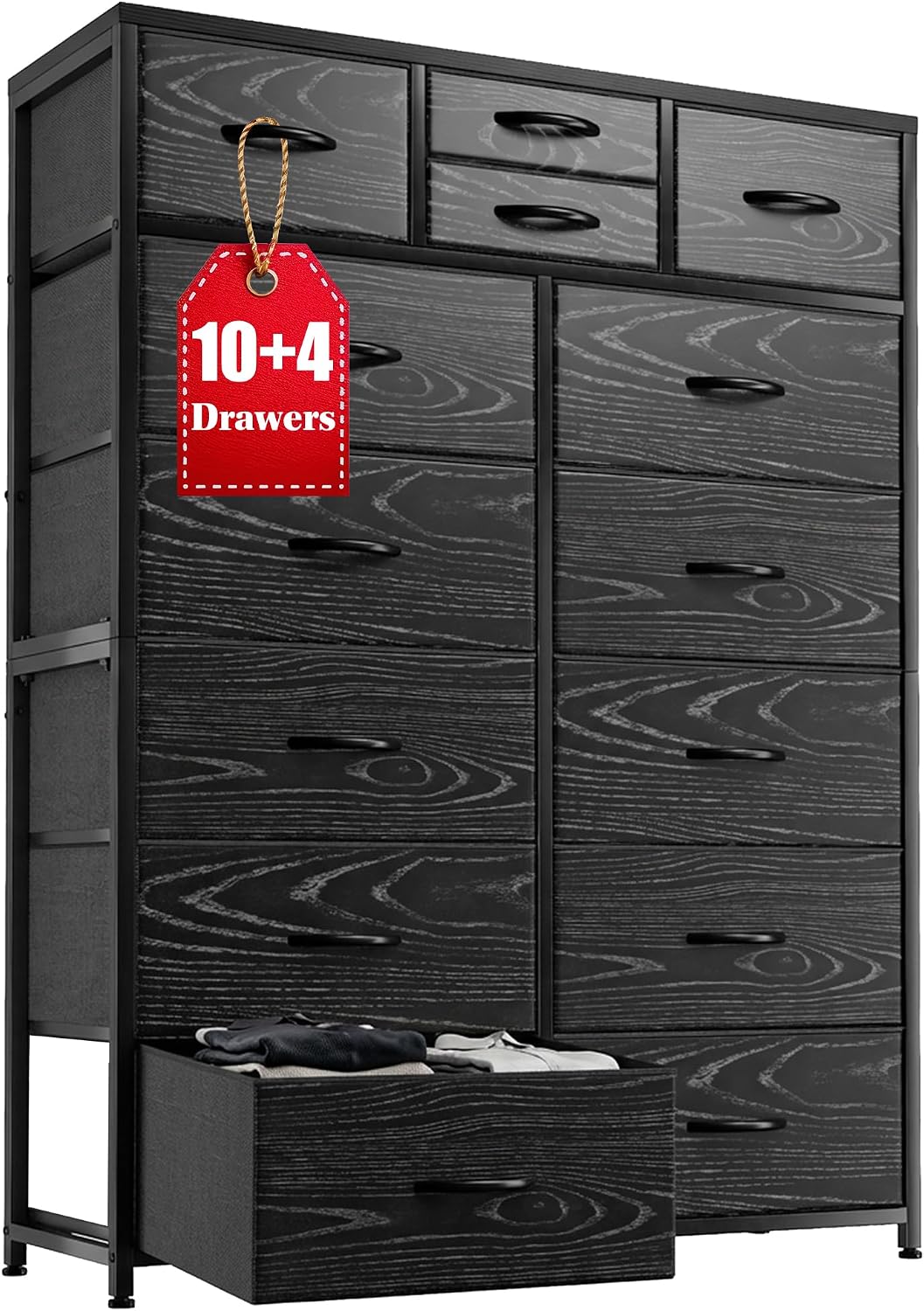 EnHomee Black Dresser with 10+4 Storage Drawers, Chest of Drawers, Sturdy Metal Frame & Wood Top, Bedroom, Hallway, Closets, Living Room, 52.2' H x 37.4' W x 11.8' D