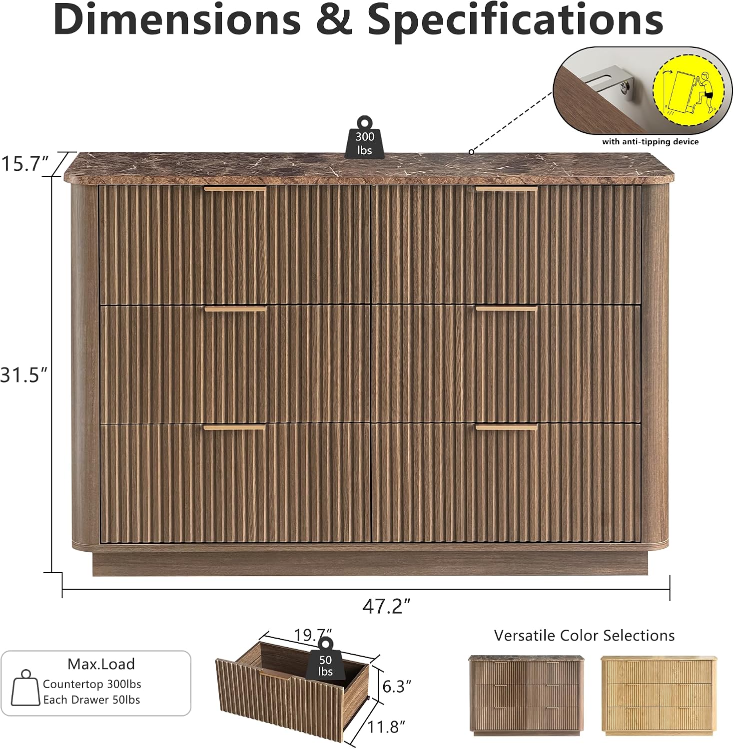 win2win 6 Drawer Dresser, Mid Century Modern Dresser with Storage, 47' Wide Fluted Chest of Drawers with Faux Marble Top, Dressers TV Stand, Drawers Organizer for Bedroom, Living Room, Hallway, Walnut