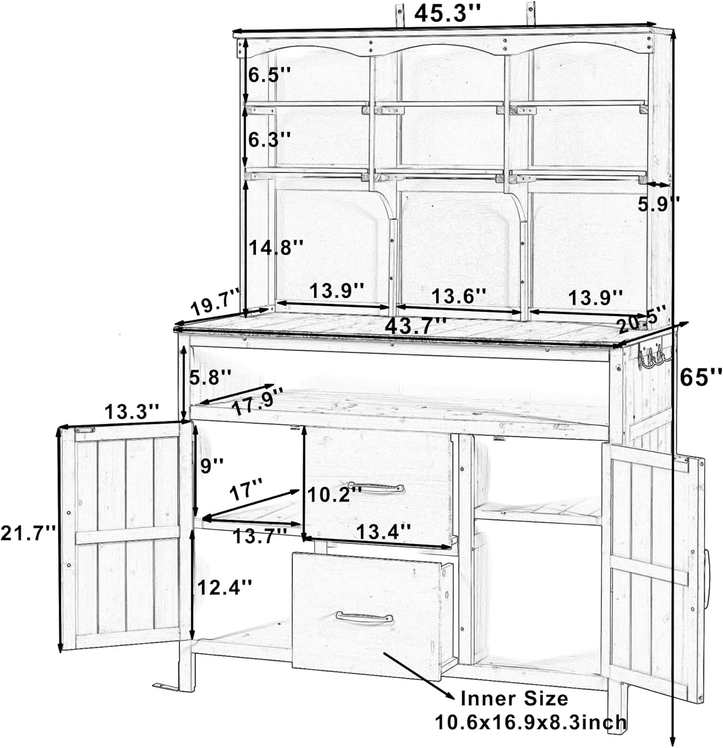Outdoor Potting Bench Table with Large Countertop and Hutch, Freestanding Garden Workstation with Cabinets, Drawers and Hooks for Backyard (Gray)