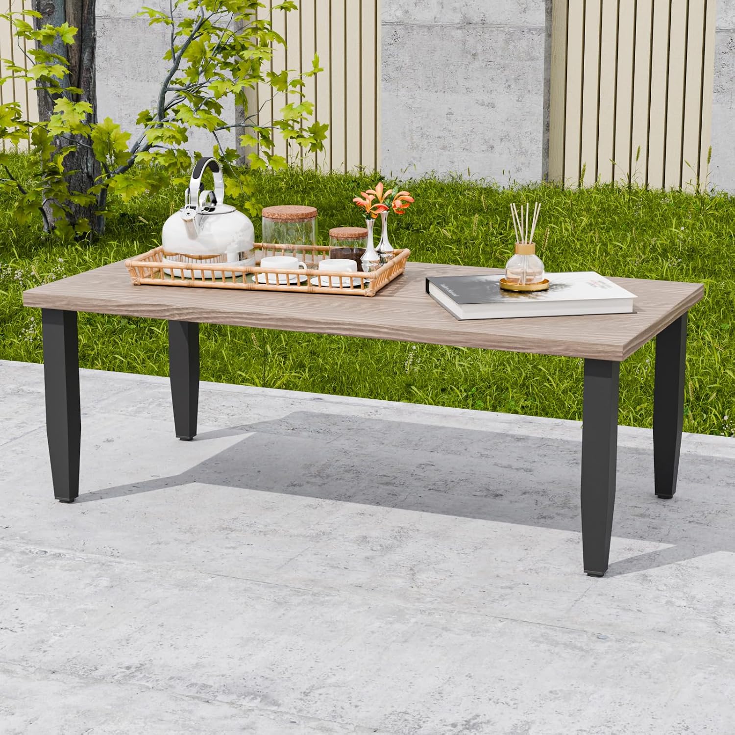 EAGLE PEAK Modern Outdoor Table, Patio Coffee Table with Wood Grain Top for Deck, Porch, Balcony, Garden