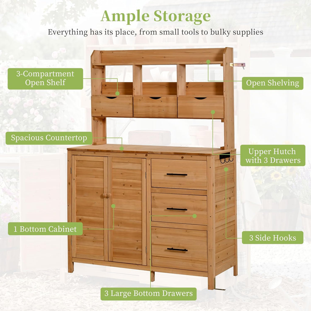 Farmhouse Patio Potting Bench with Storage Cabinet, 65' H Garden Workstation with 6 Drawers and Side Hooks, Outdoor Kitchen Island with Adjustable Shelf for Patio, Backyard, Natural