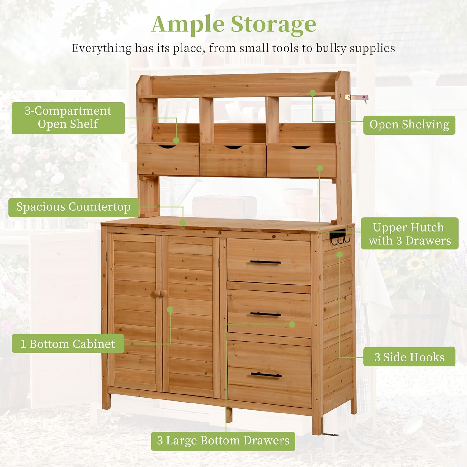 Farmhouse Patio Potting Bench with Storage Cabinet, 65' H Garden Workstation with 6 Drawers and Side Hooks, Outdoor Kitchen Island with Adjustable Shelf for Patio, Backyard, Natural