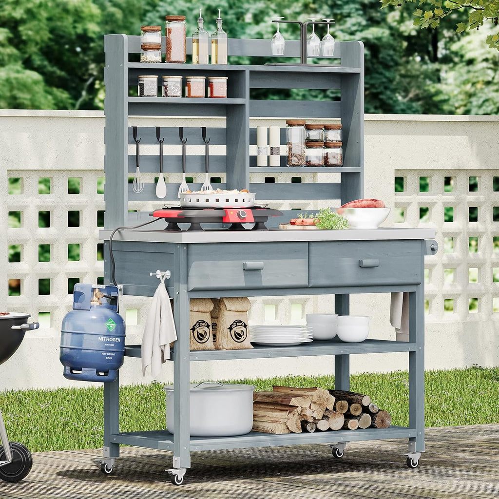 64.9' H Outdoor Potting Bench Table with Lockable Wheels, 52' W×22.2' D×64.9' H, Solid Fir Wood, Stainless Steel Top, 2 Drawers, Outdoor Storage for Grilling/Gardening, Gray+Blue