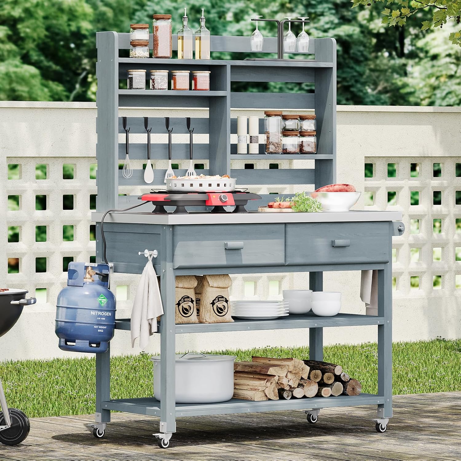 64.9' H Outdoor Potting Bench Table with Lockable Wheels, 52' W×22.2' D×64.9' H, Solid Fir Wood, Stainless Steel Top, 2 Drawers, Outdoor Storage for Grilling/Gardening, Gray+Blue