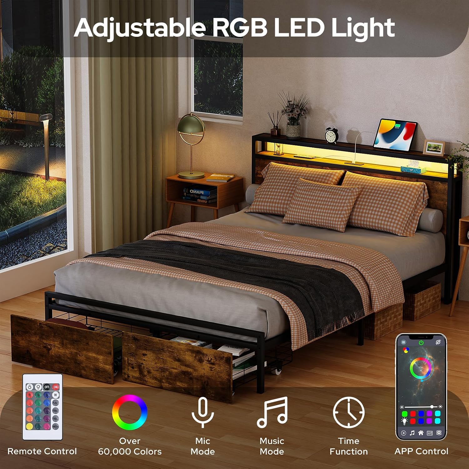 Zevemomo Queen Bed Frame with Drawers, LED Queen Bed Frame with Headboard, Charging Station with 3 USB Ports & 1 Type-C Port, No Noise, Rustic Brown